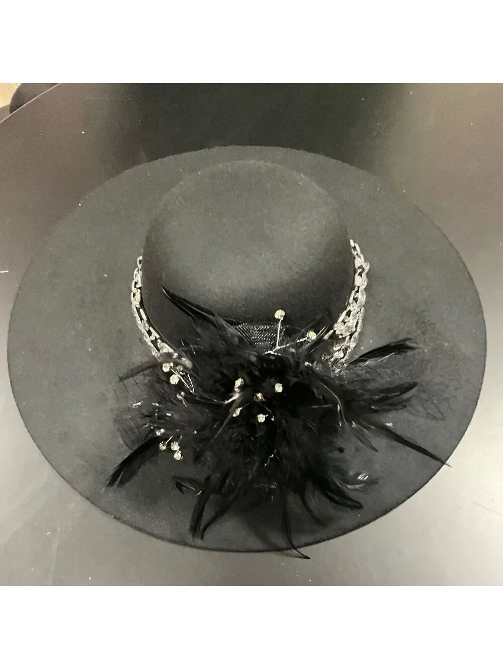 Black Felt Wide Brim Silver Feather Embellished Hat